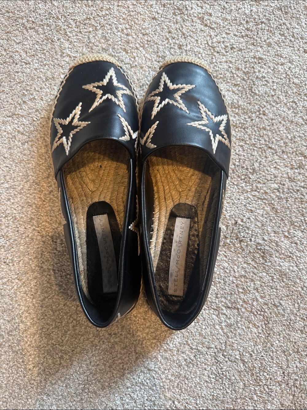 Stella McCartney Black Espadrille Flats with White Star Embroidery